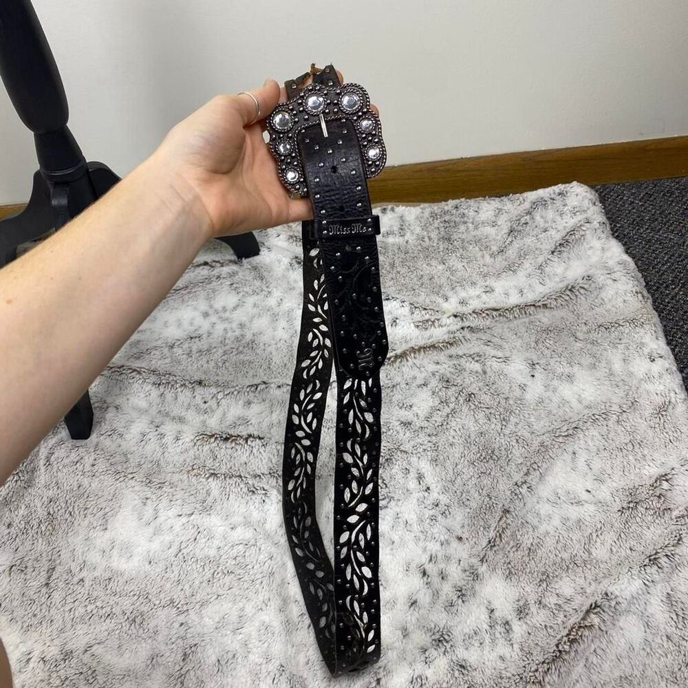 Y2k Miss Me black genuine leather belt rhinestones silver studs vine leaves